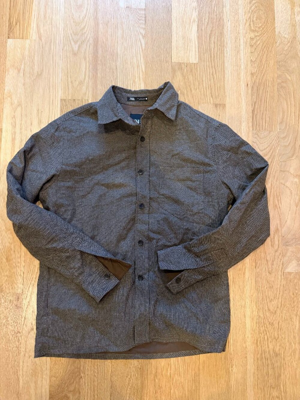 Zara Houndstooth Overshirt Mens Medium Brown Gray Lined Shirt Jacket Shacket
